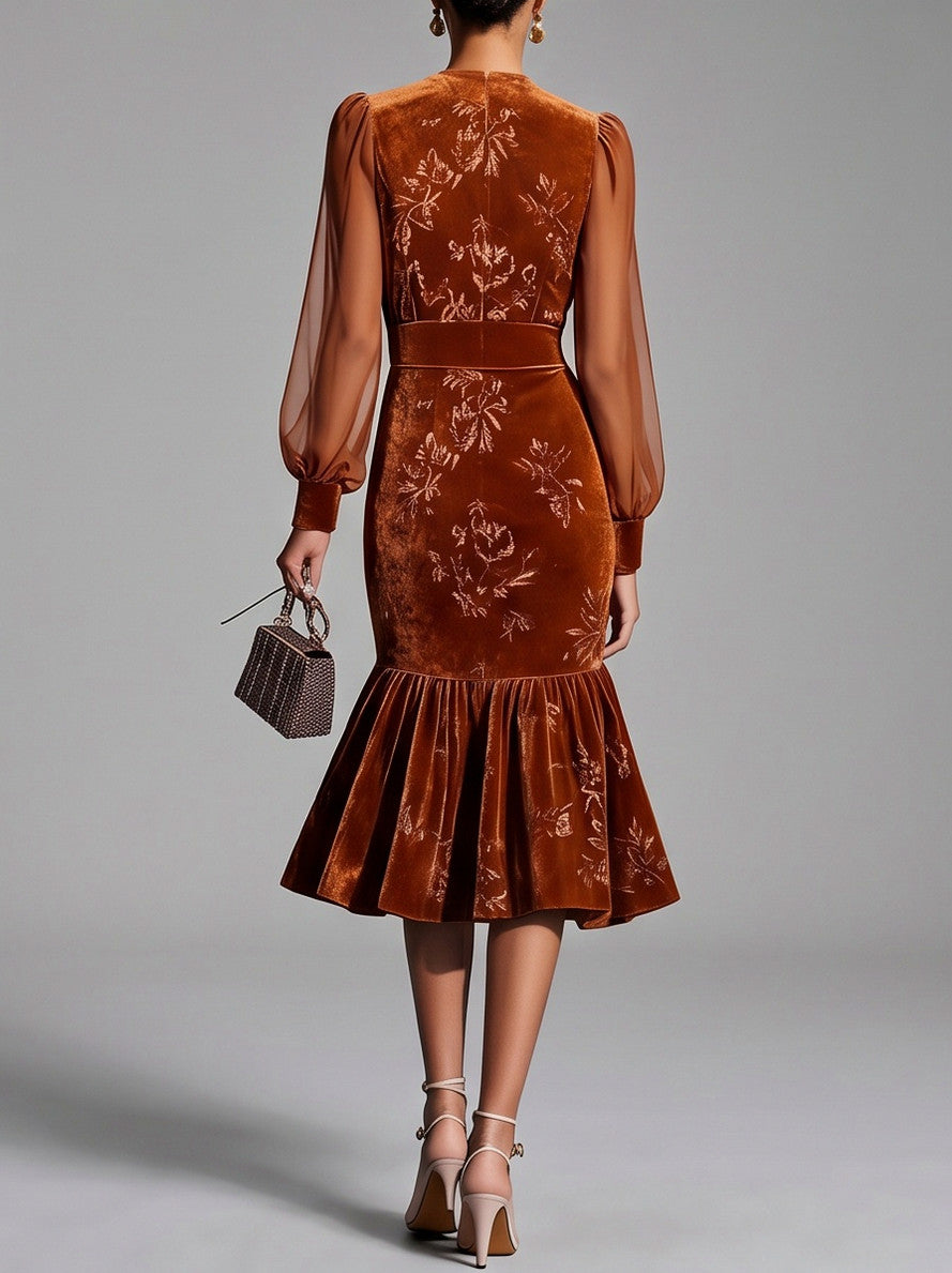 Velvet Floral Long Sleeve Midi Dress