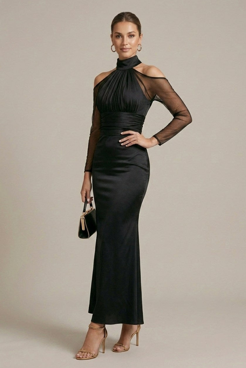 Satin Ruched Cutout Maxi Dress