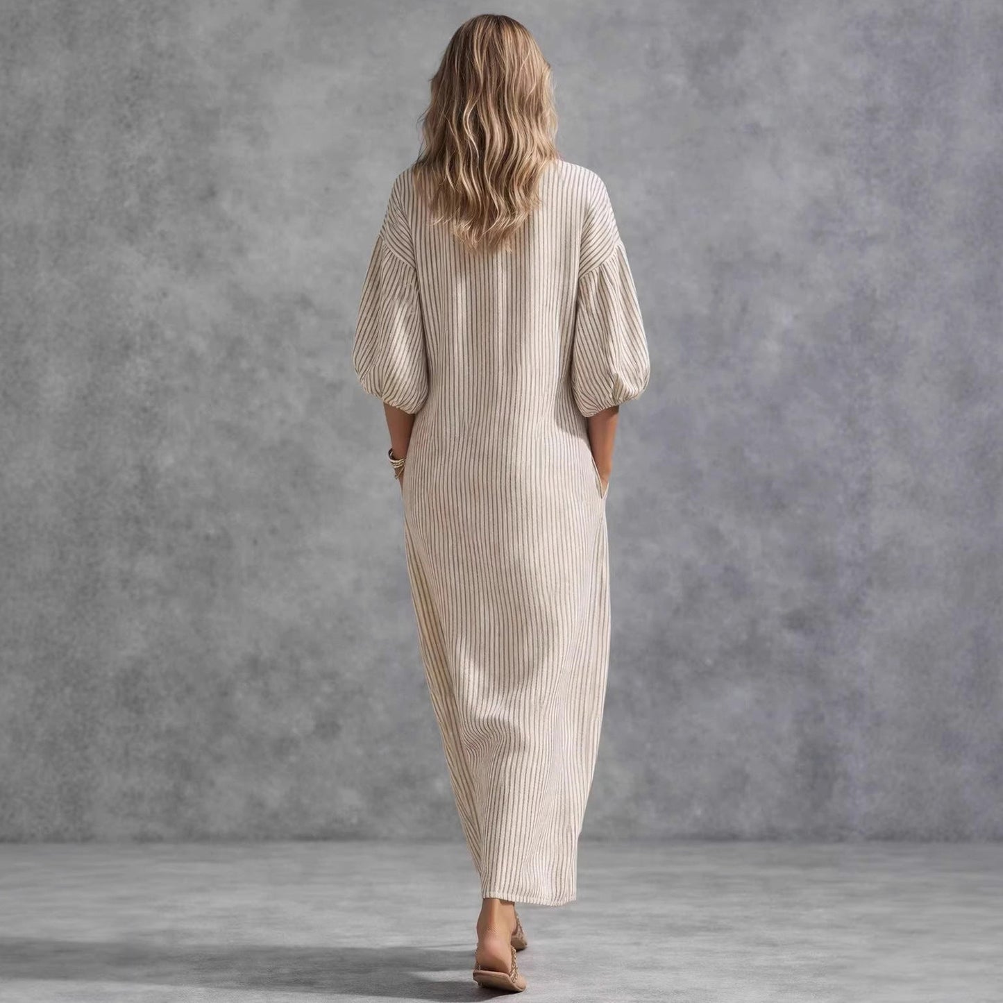 Striped Balloon Sleeve Maxi Dress