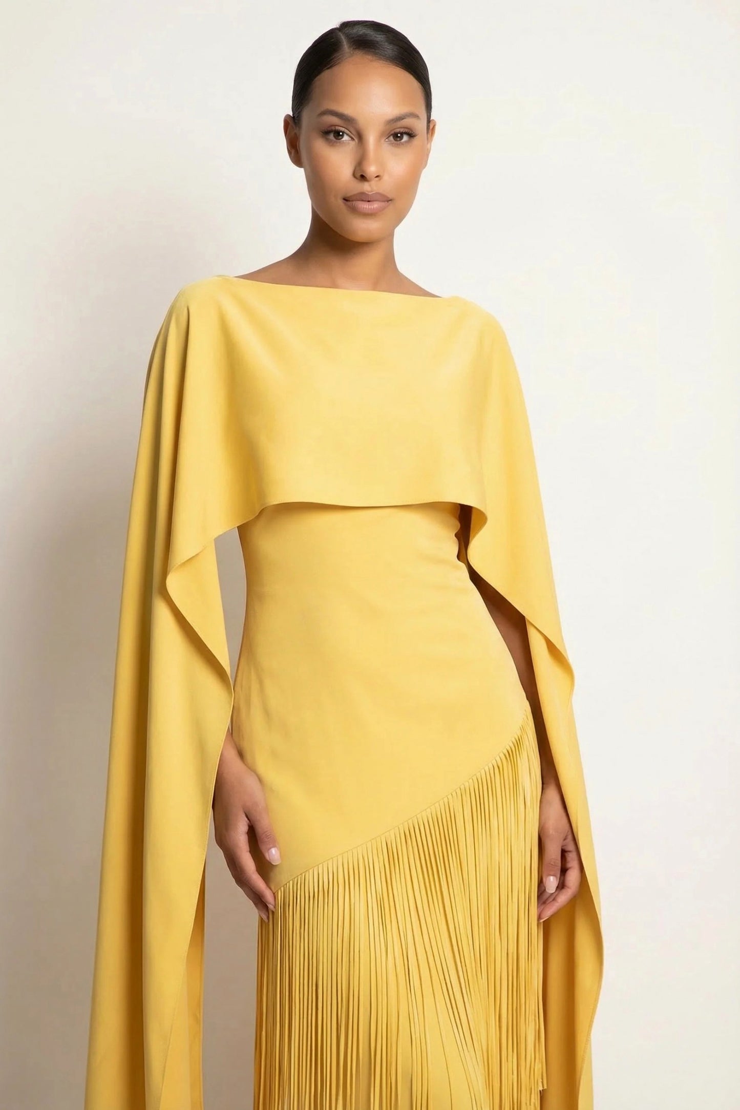 Cape Overlay Fringe Maxi Dress