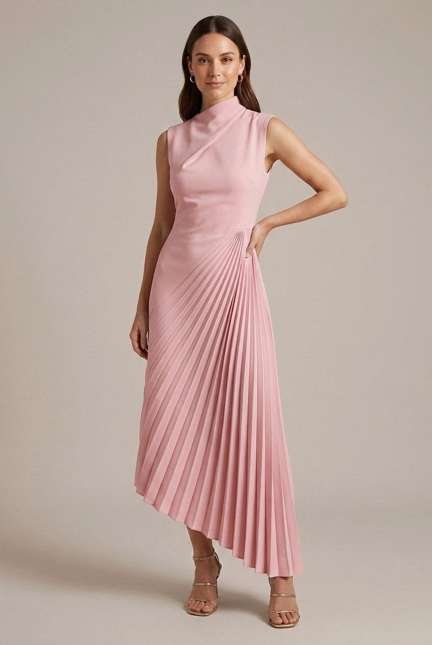 High Neck Pleated Midi Dress