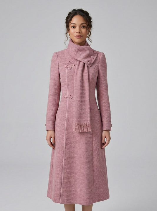 Pink Scarf Neck Long Sleeve Midi Dress