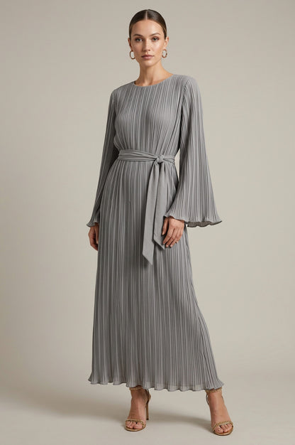 Pleated Belted Long Sleeve Dress