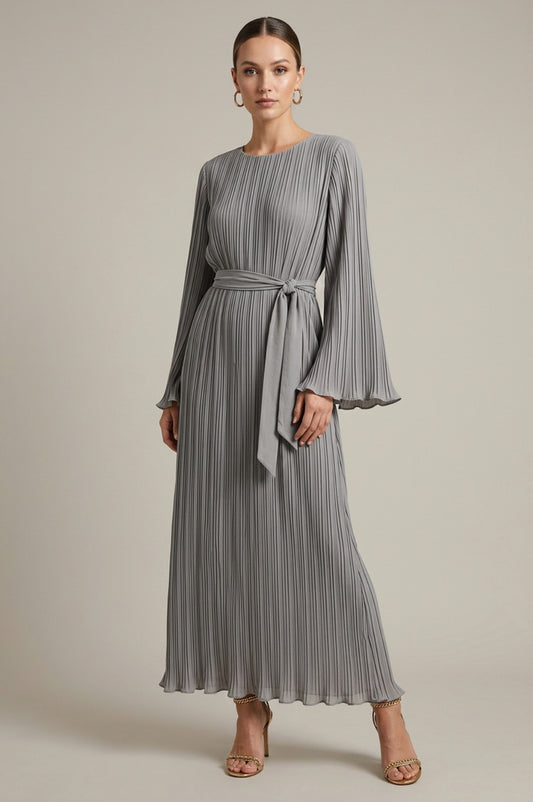 Pleated Belted Long Sleeve Dress
