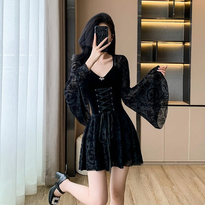 Velvet Damask Flared Sleeve Mini Dress