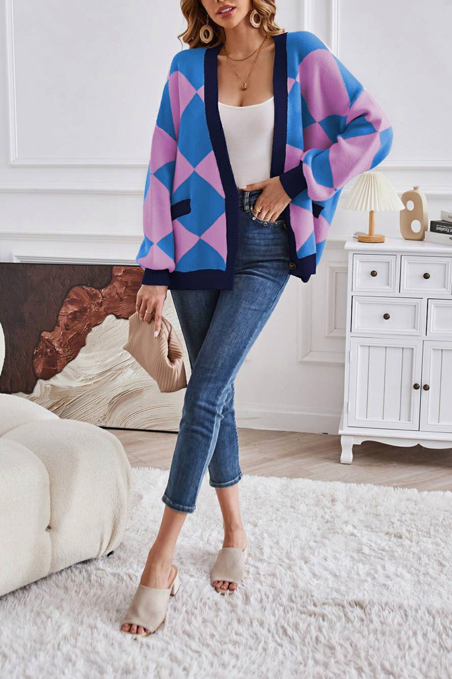 Geometric Knit Button Front Cardigan