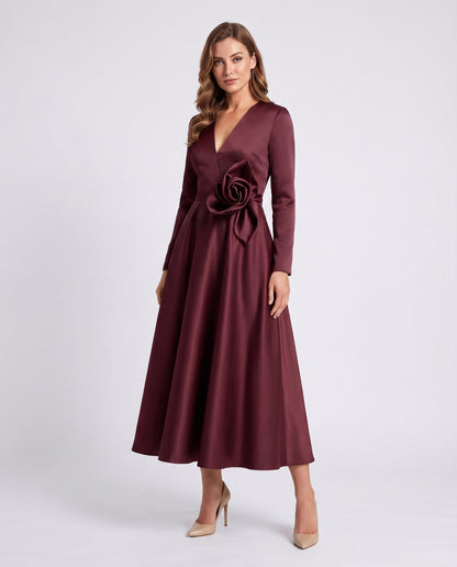 Satin Long Sleeve Midi Dress