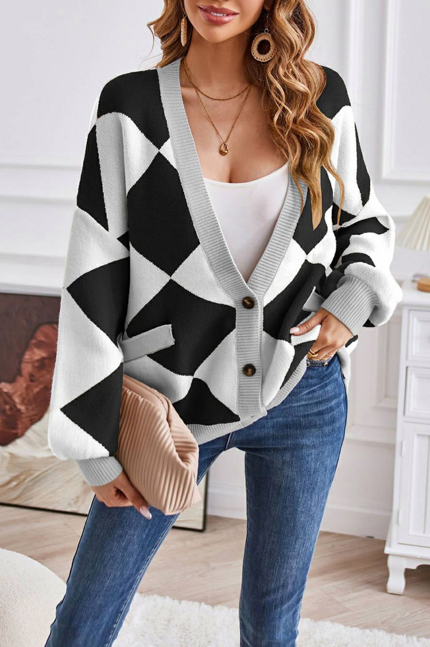 Geometric Knit Button Front Cardigan