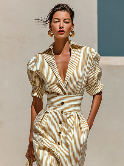 Striped Pleated Midi Shirt Dress