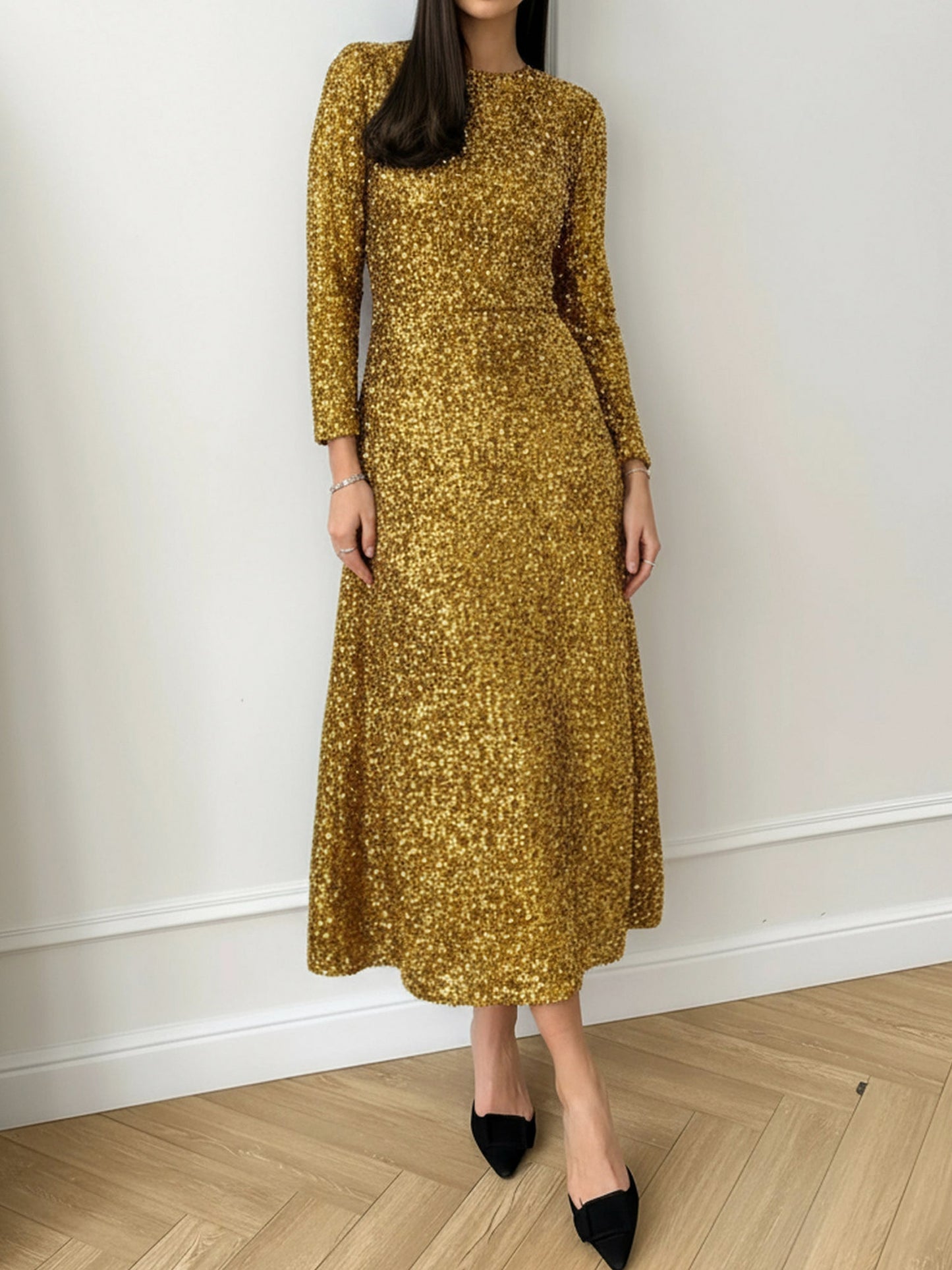 Sequin Long Sleeve Midi Dress