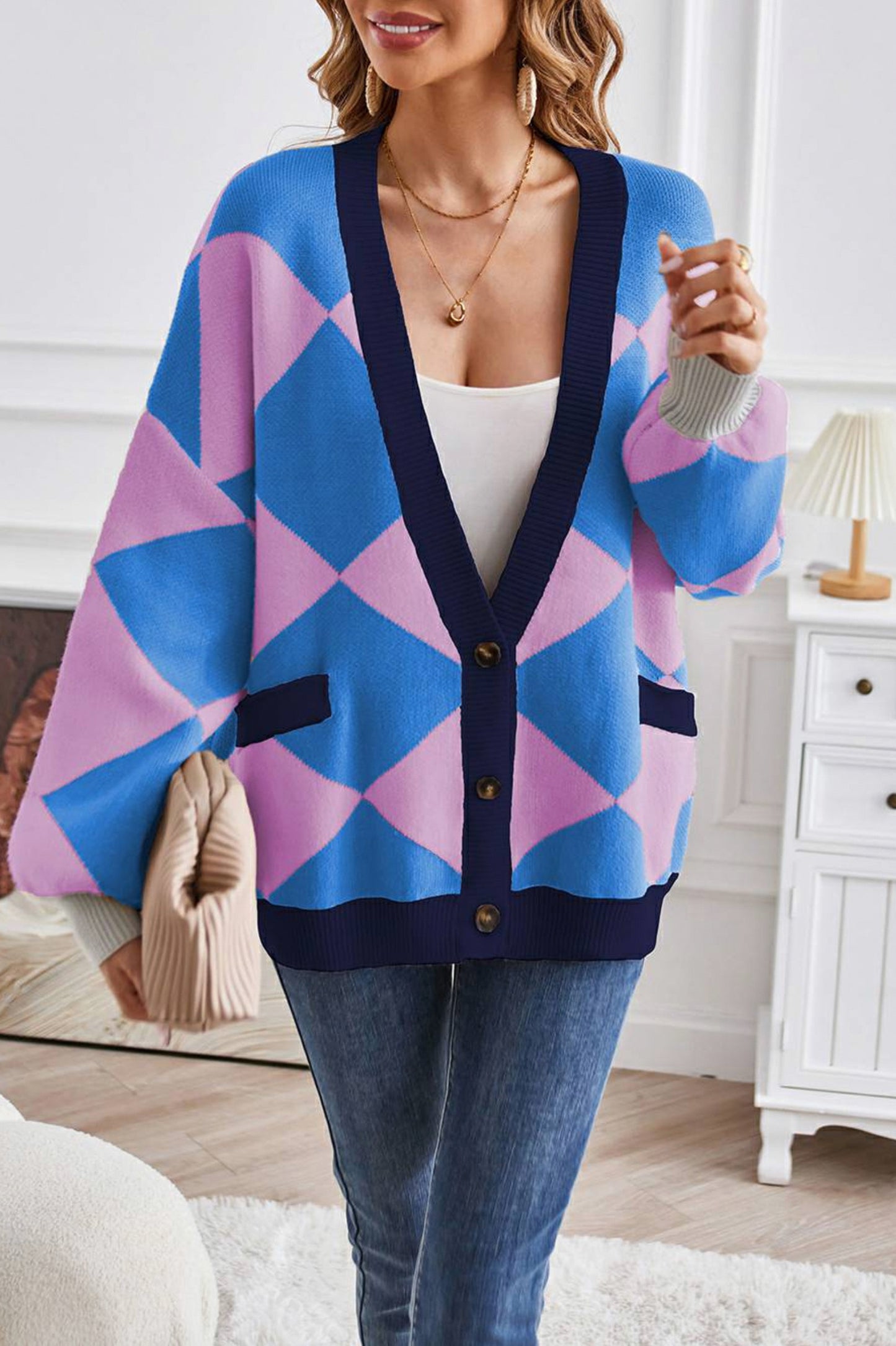 Geometric Knit Button Front Cardigan