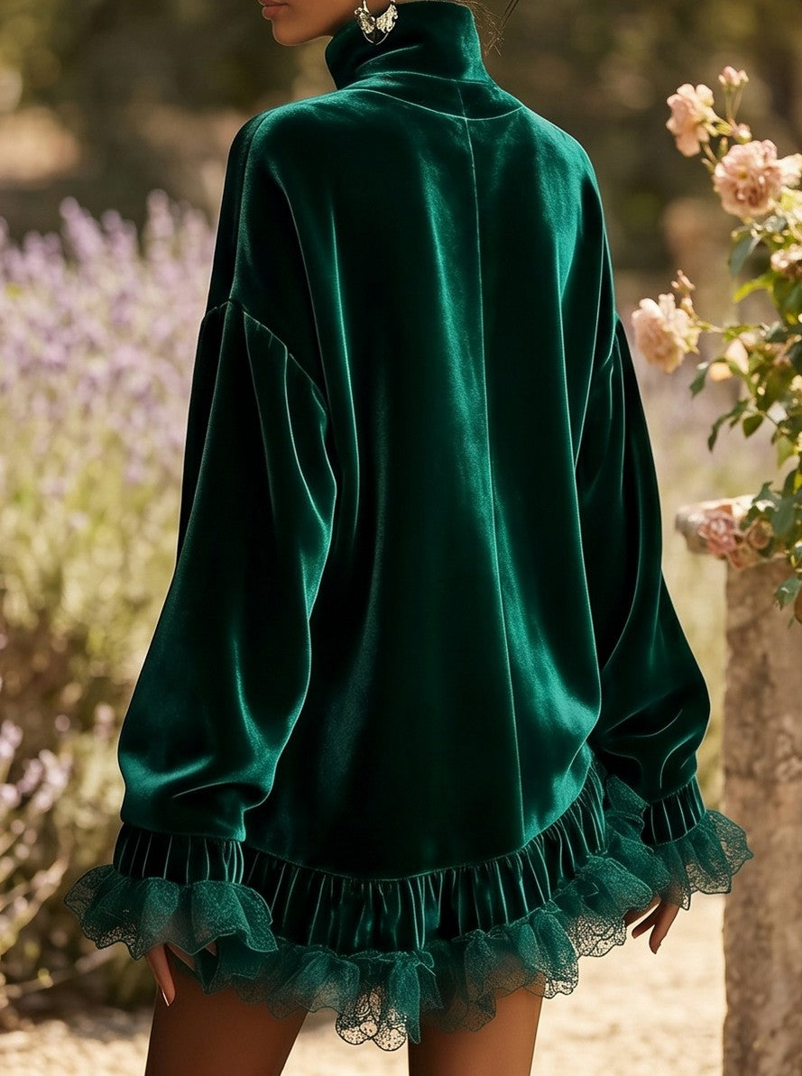 Velvet Turtleneck Ruffle Mini Dress