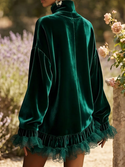 Velvet Turtleneck Ruffle Mini Dress