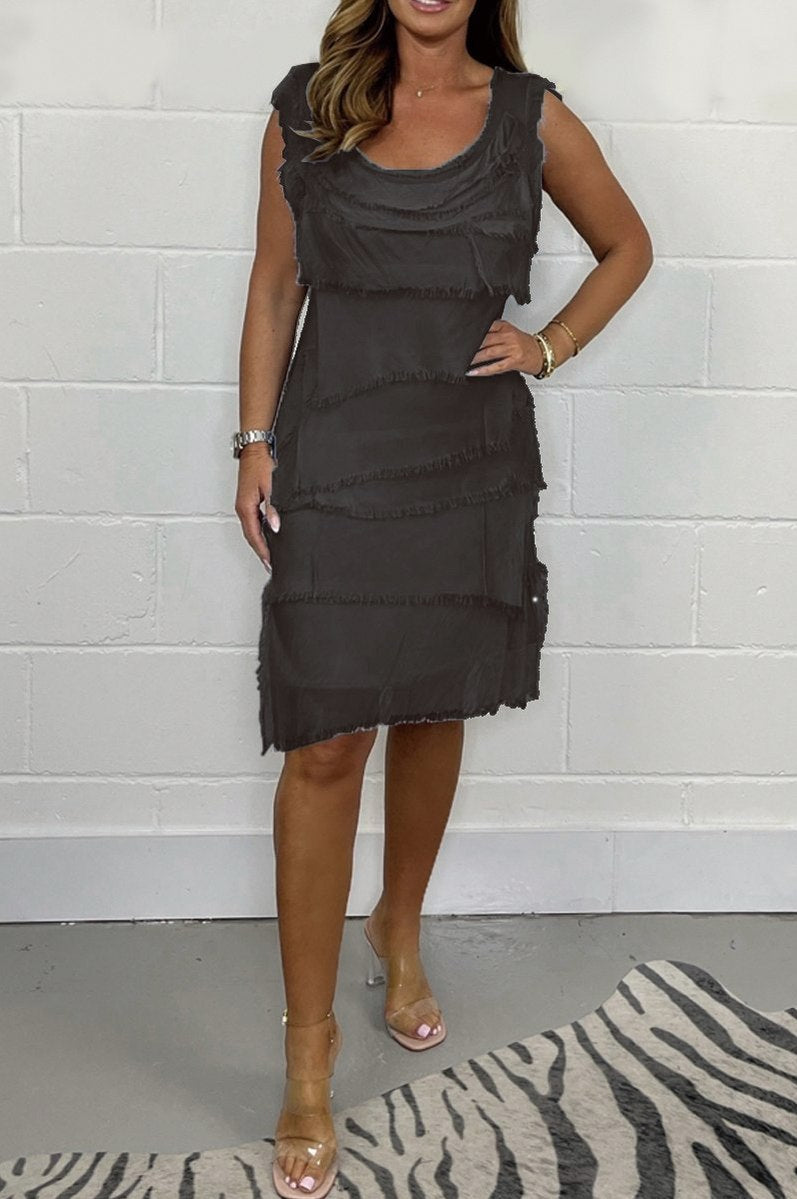 Relaxed Tiered Fringe Sleeveless Midi Dress