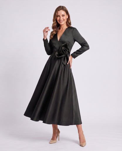 Satin Long Sleeve Midi Dress