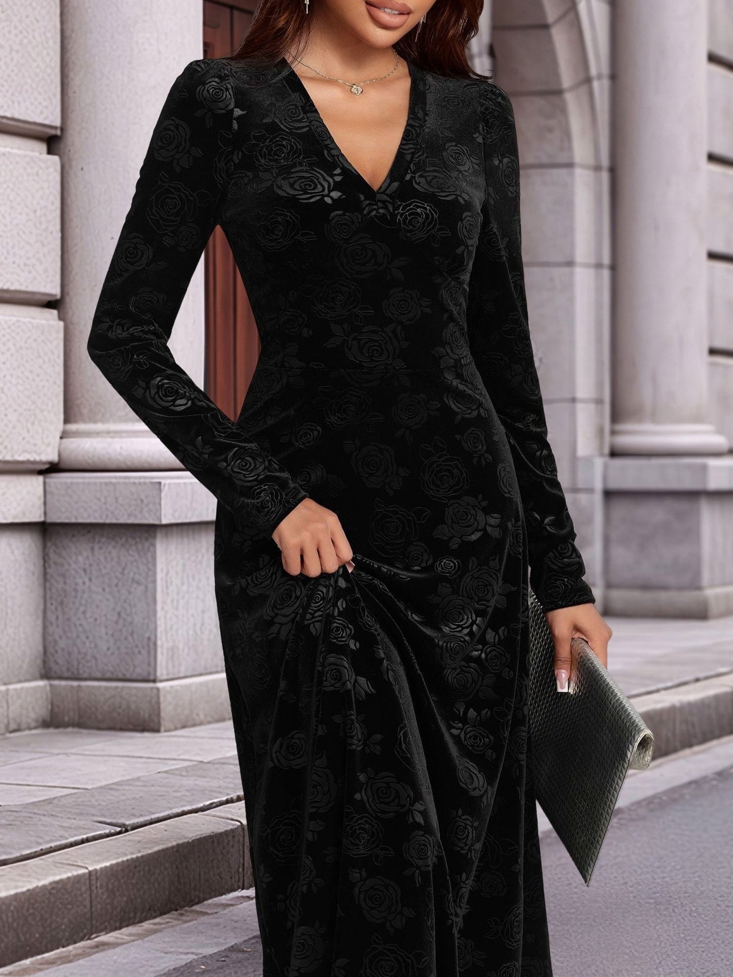 Velvet Floral Long Sleeve Maxi