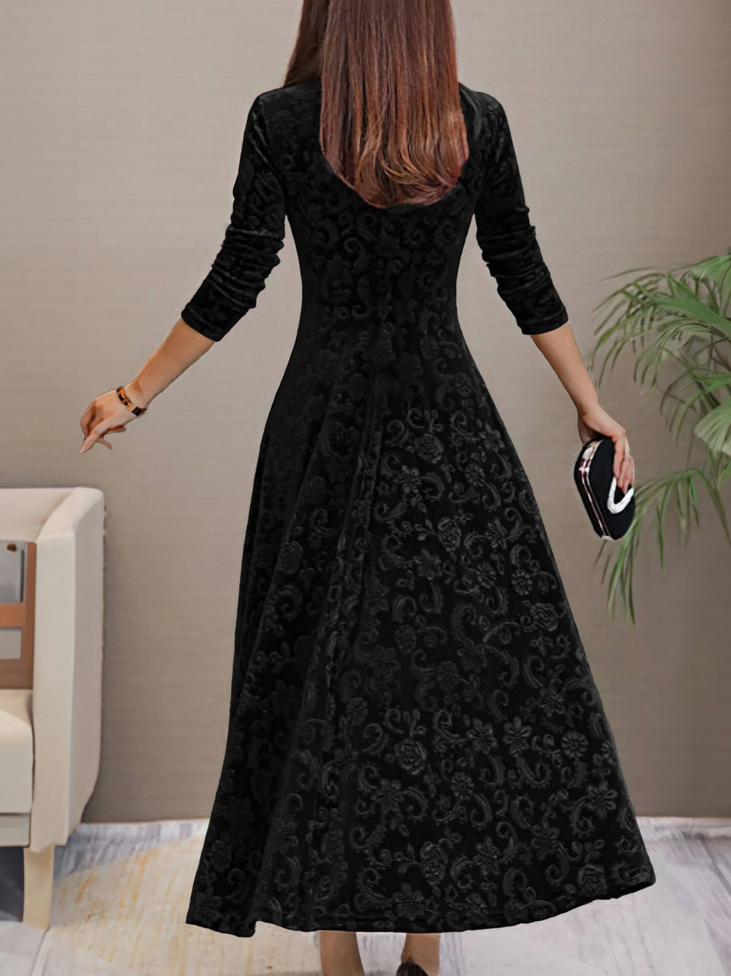 Textured Velvet Long Sleeve Maxi Dress