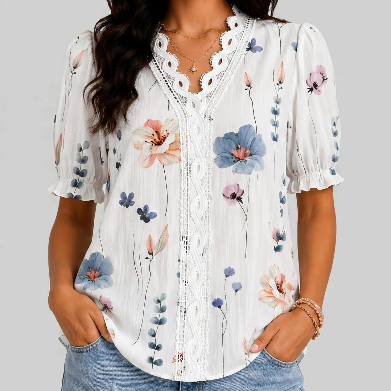 Floral Lace Trim Ruffle Blouse