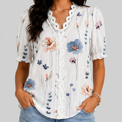 Floral Lace Trim Ruffle Blouse