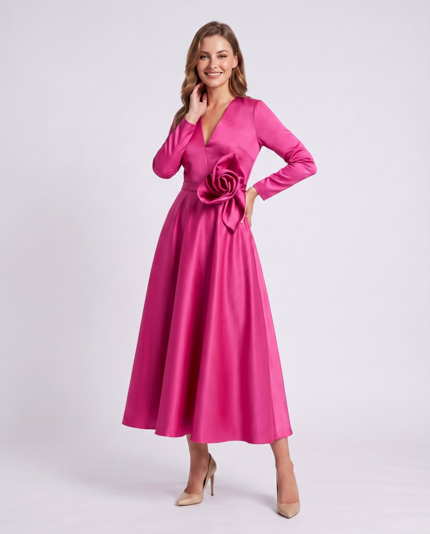 Satin Long Sleeve Midi Dress