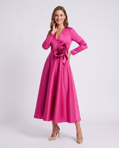Satin Long Sleeve Midi Dress