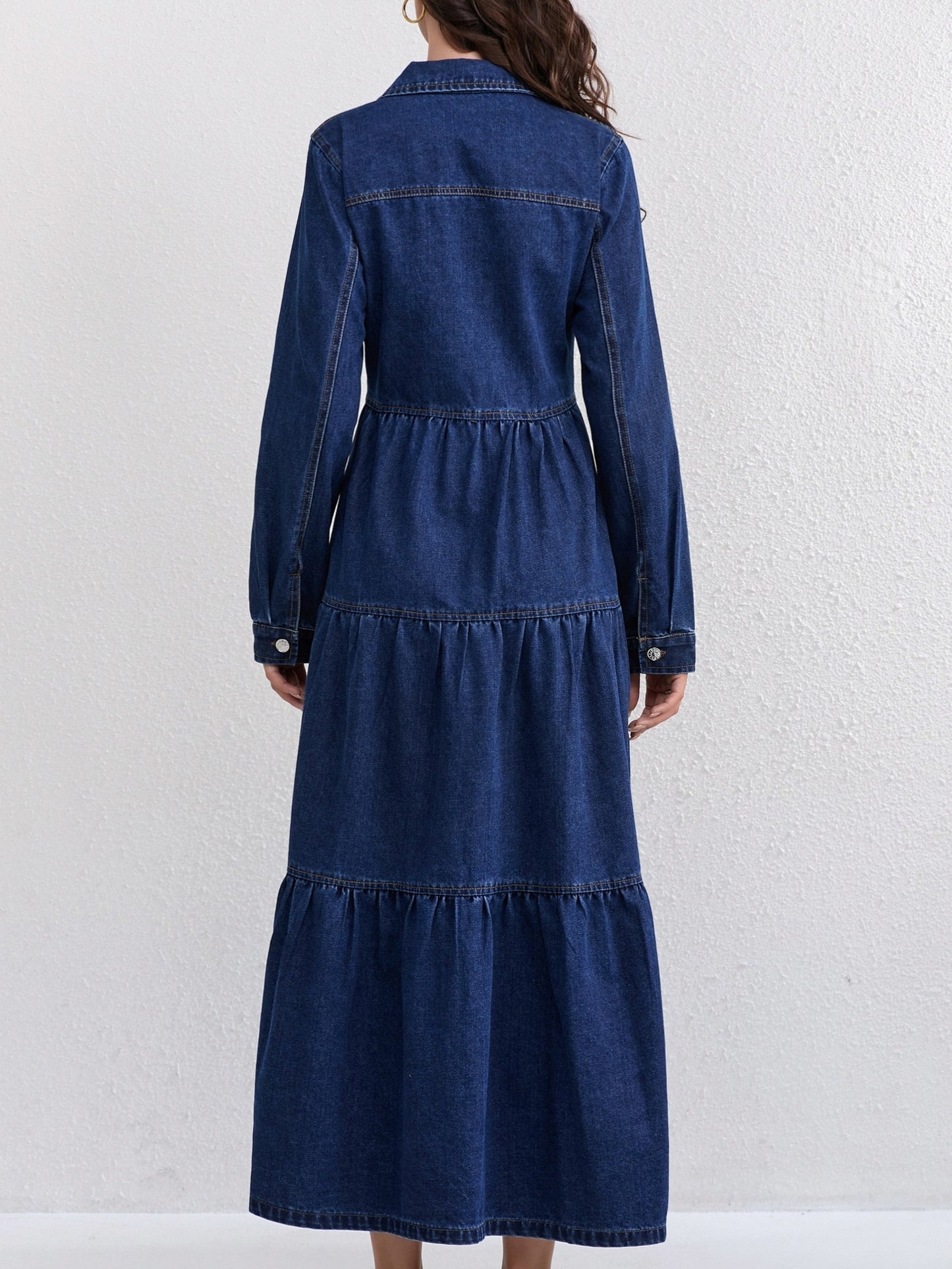 Denim Tiered Long Sleeve Maxi Dress