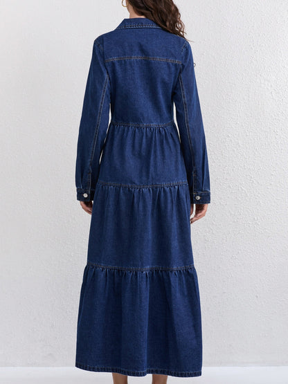 Denim Tiered Long Sleeve Maxi Dress