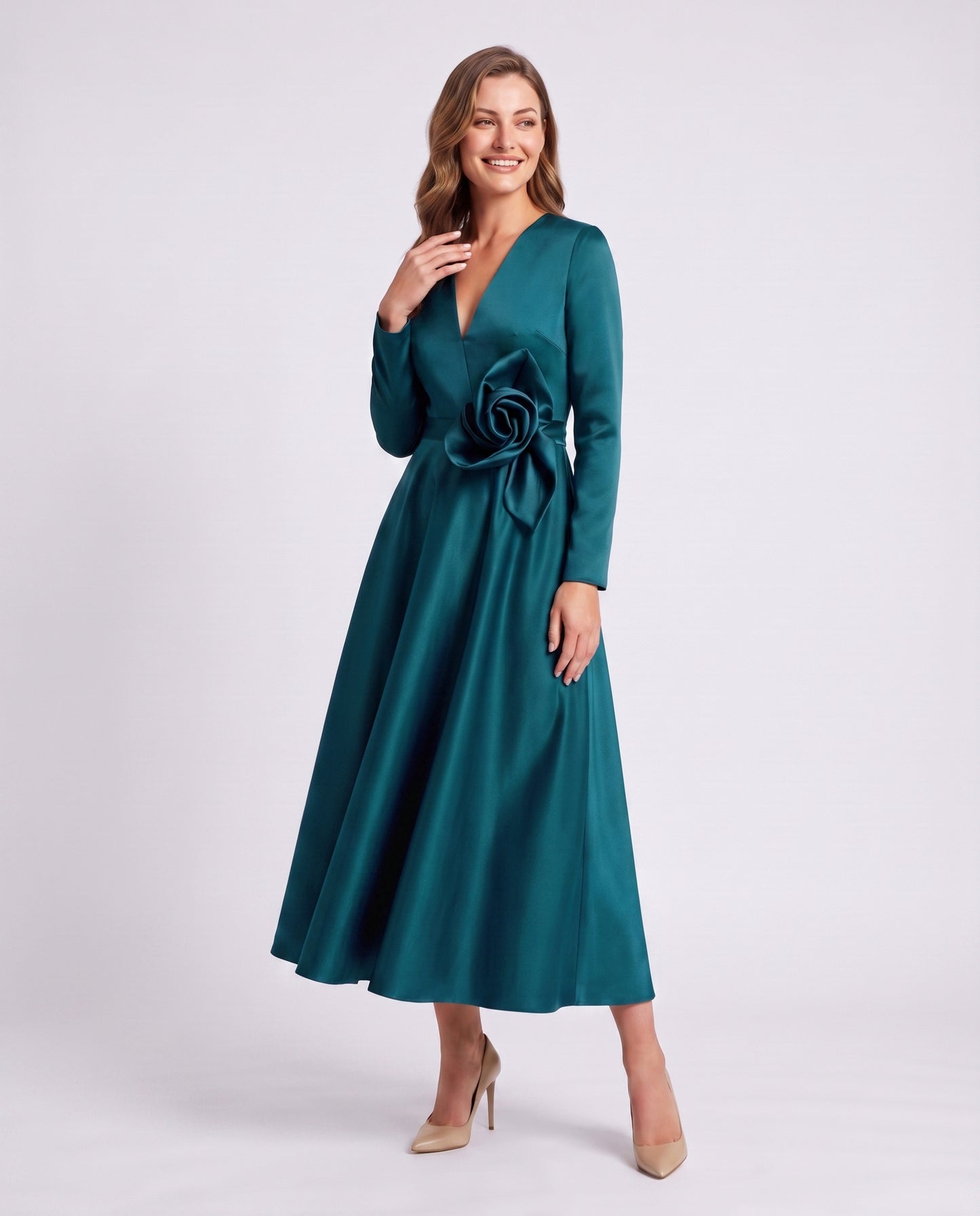 Satin Long Sleeve Midi Dress