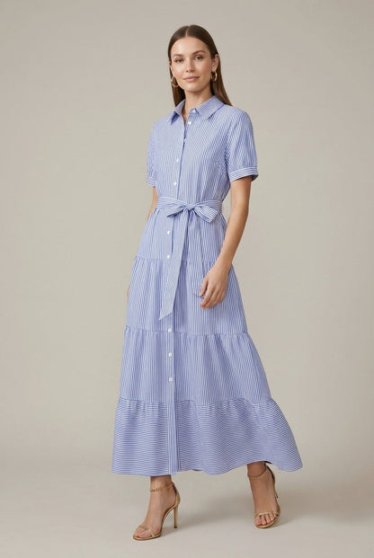 Striped Tiered Maxi Shirt Dress