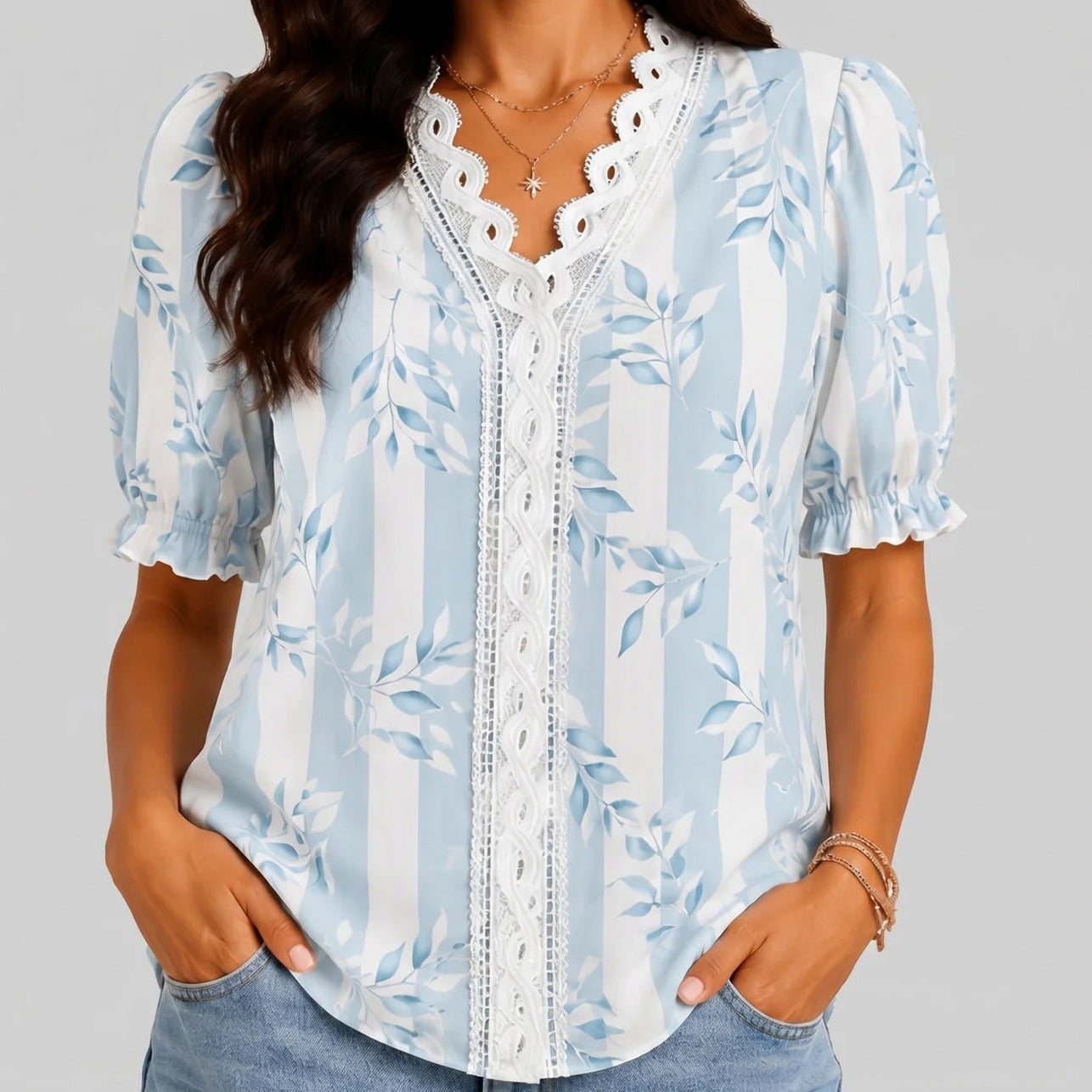 Floral Lace Trim Ruffle Blouse
