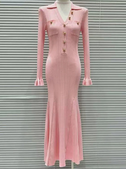 Ribbed Knit Button Front Midi Dress