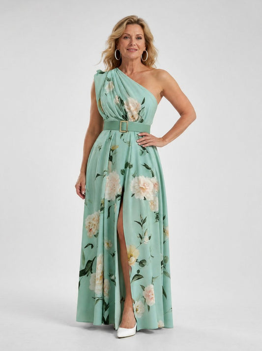 Floral One Shoulder Belted Maxi