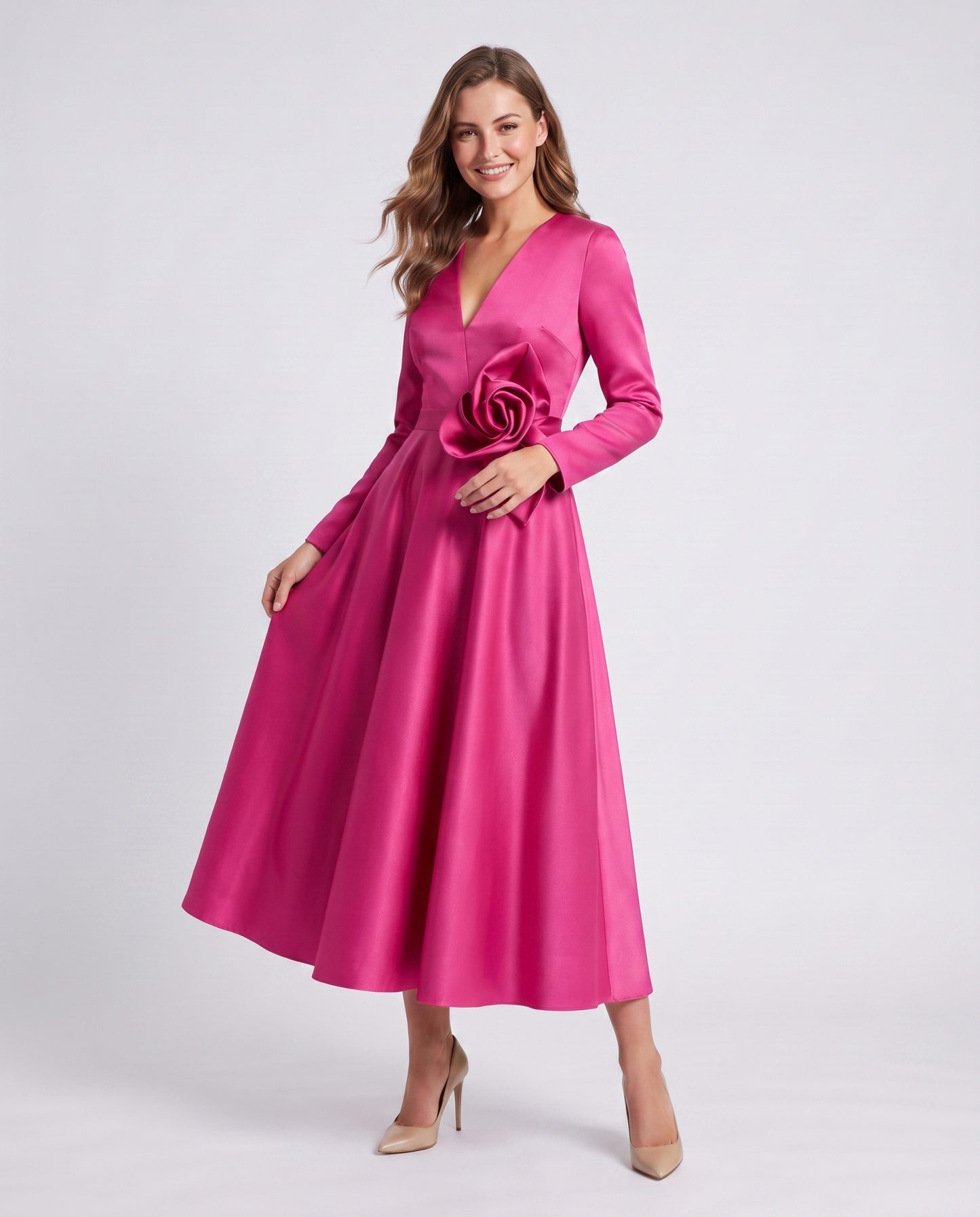 Satin Long Sleeve Midi Dress