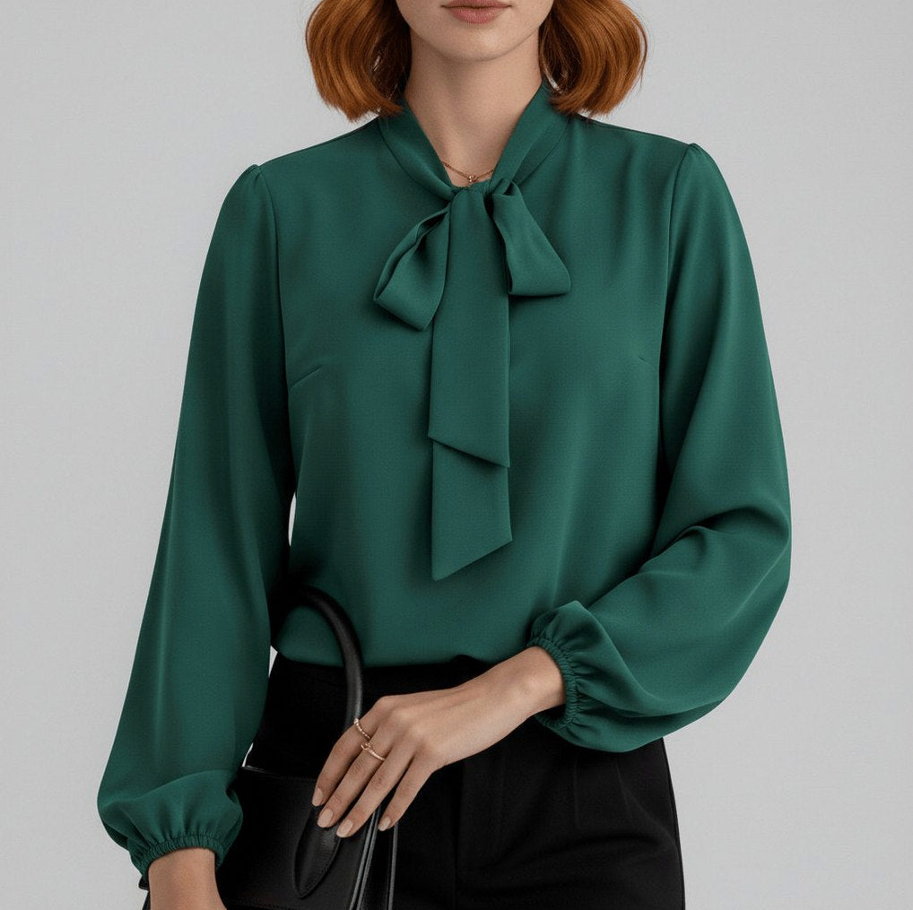 Crepe Tie Neck Long Sleeve Blouse