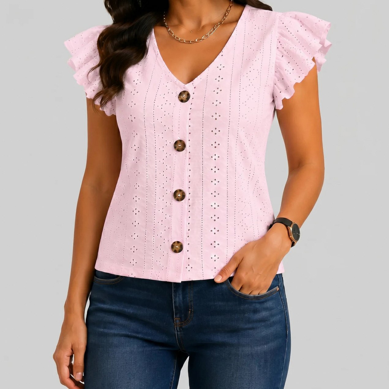 Broderie Ruffle Button Blouse