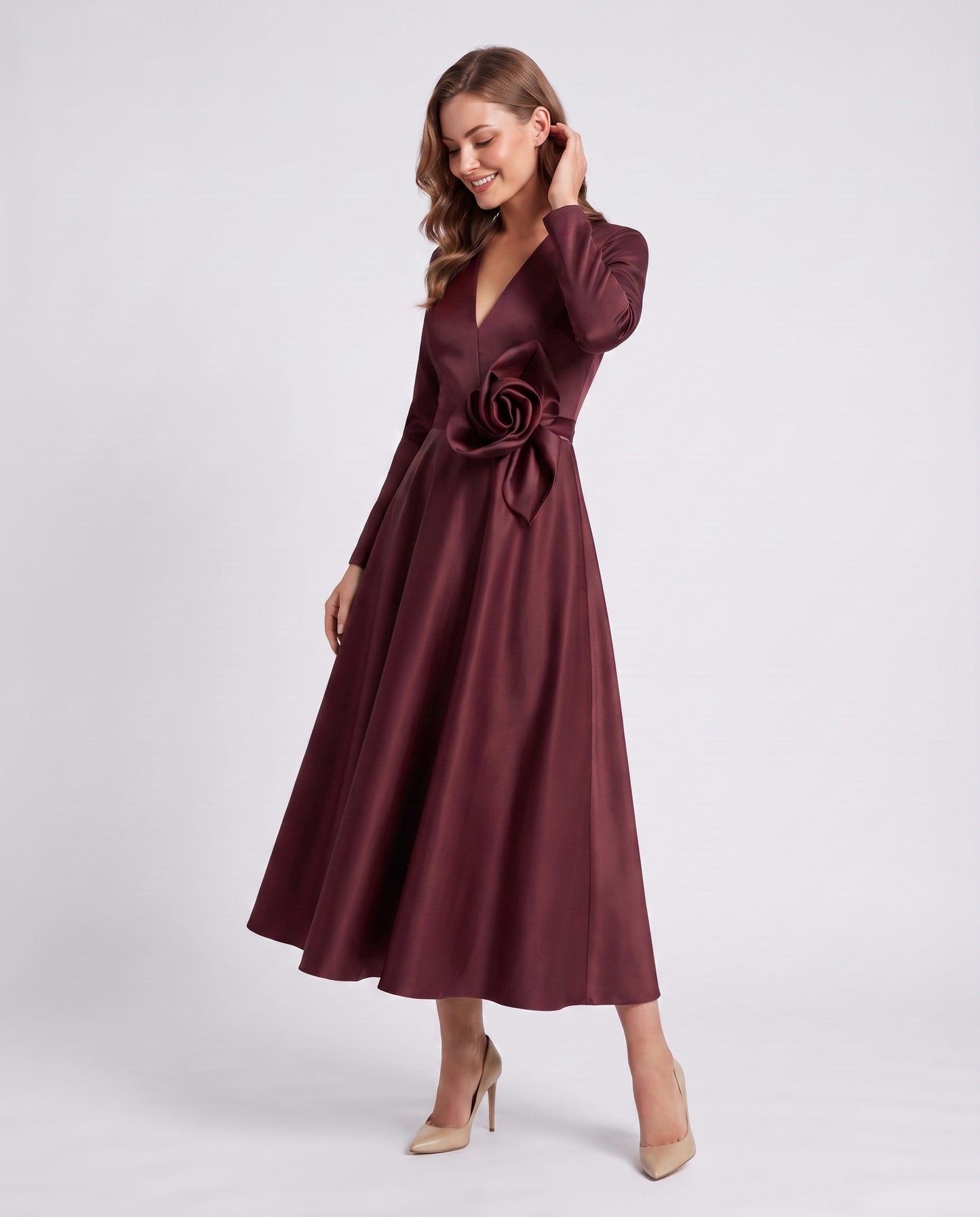 Satin Long Sleeve Midi Dress