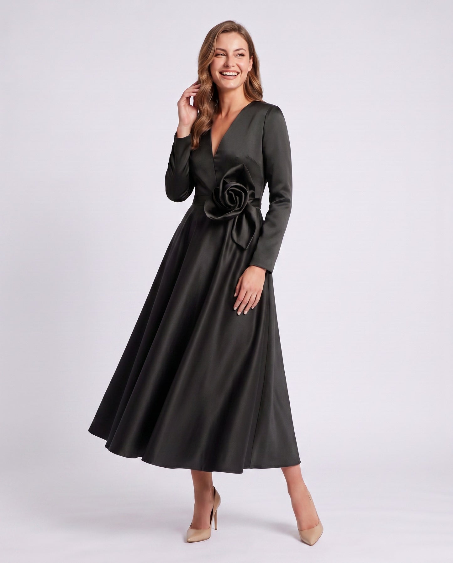 Satin Long Sleeve Midi Dress