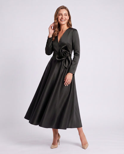 Satin Long Sleeve Midi Dress