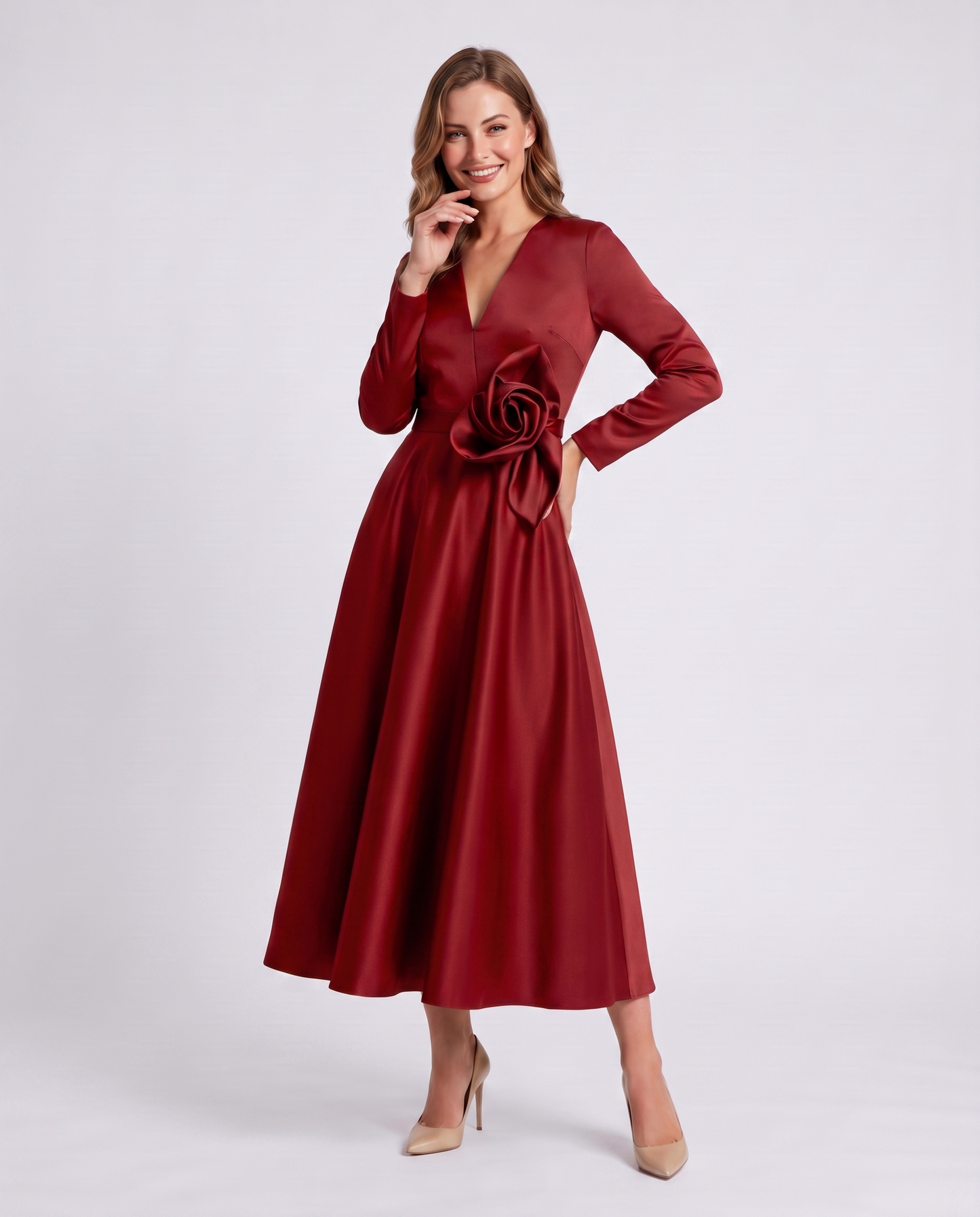 Satin Long Sleeve Midi Dress