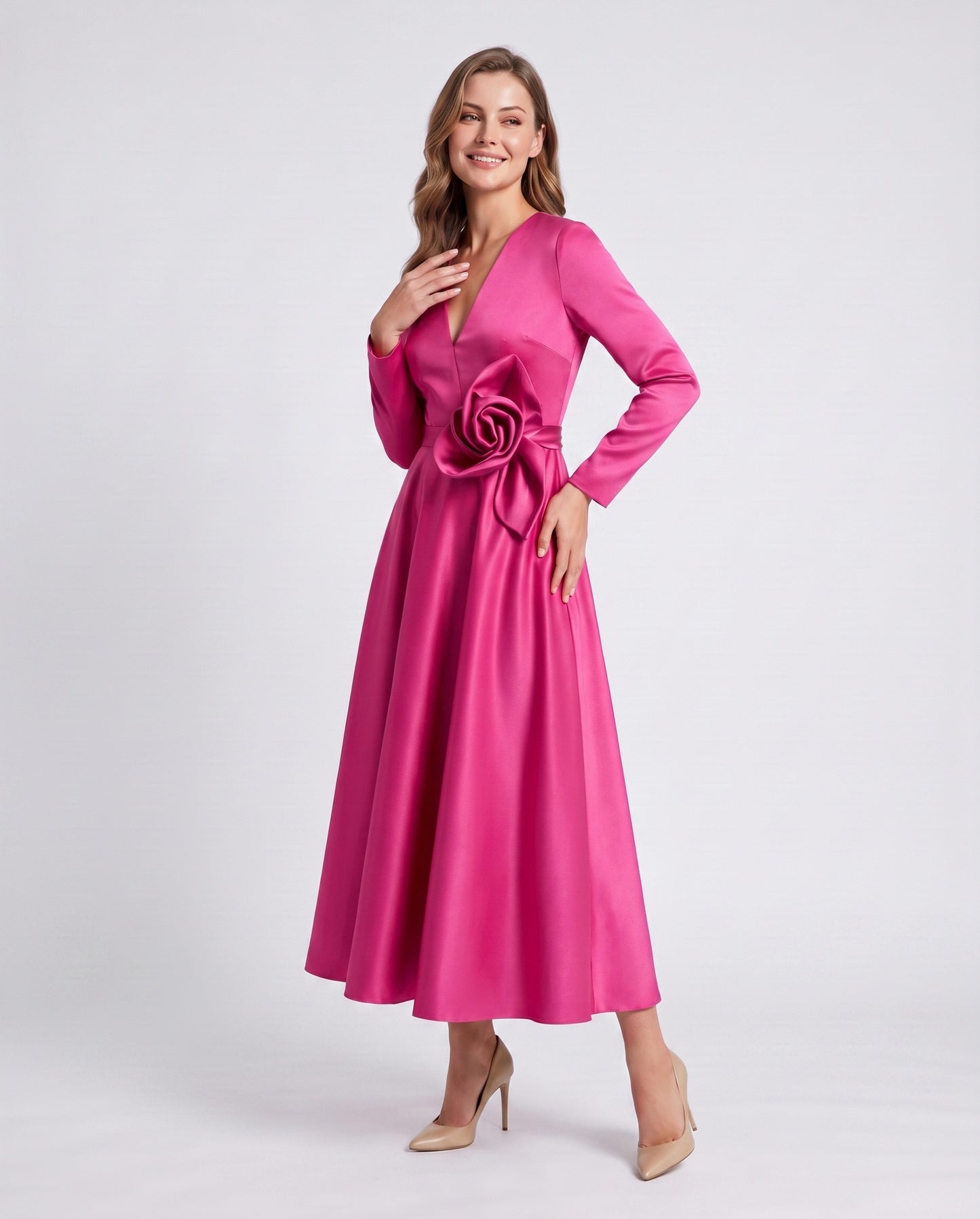 Satin Long Sleeve Midi Dress