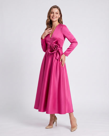 Satin Long Sleeve Midi Dress