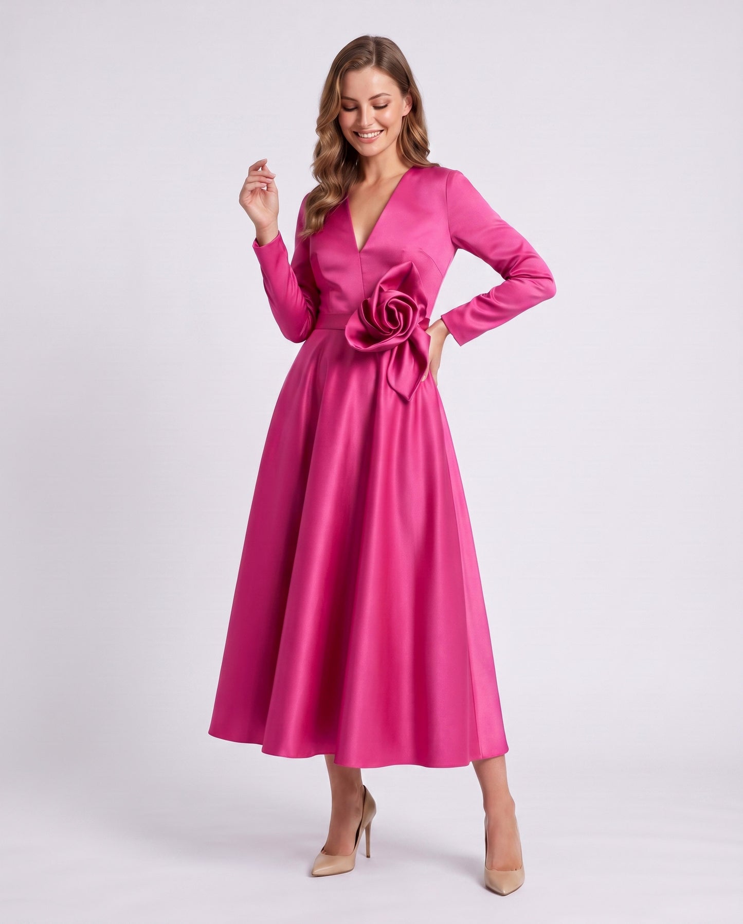 Satin Long Sleeve Midi Dress