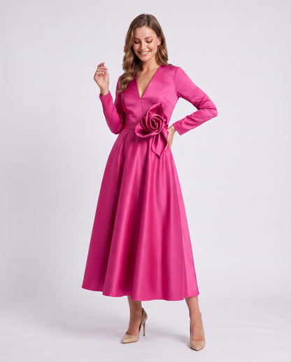 Satin Long Sleeve Midi Dress