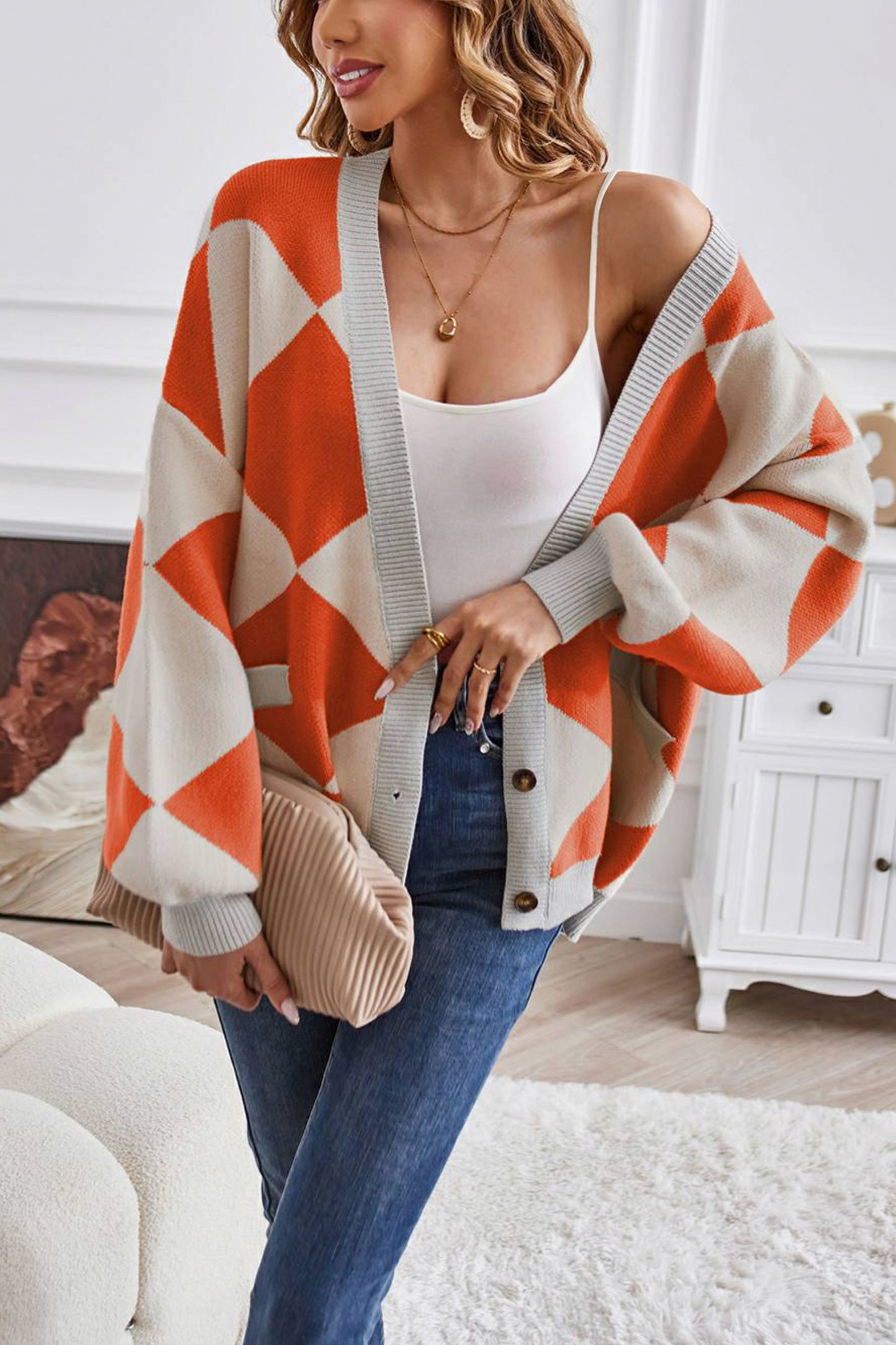 Geometric Knit Button Front Cardigan