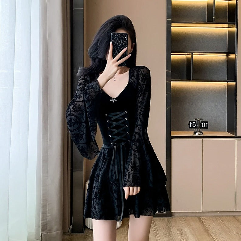 Velvet Damask Flared Sleeve Mini Dress