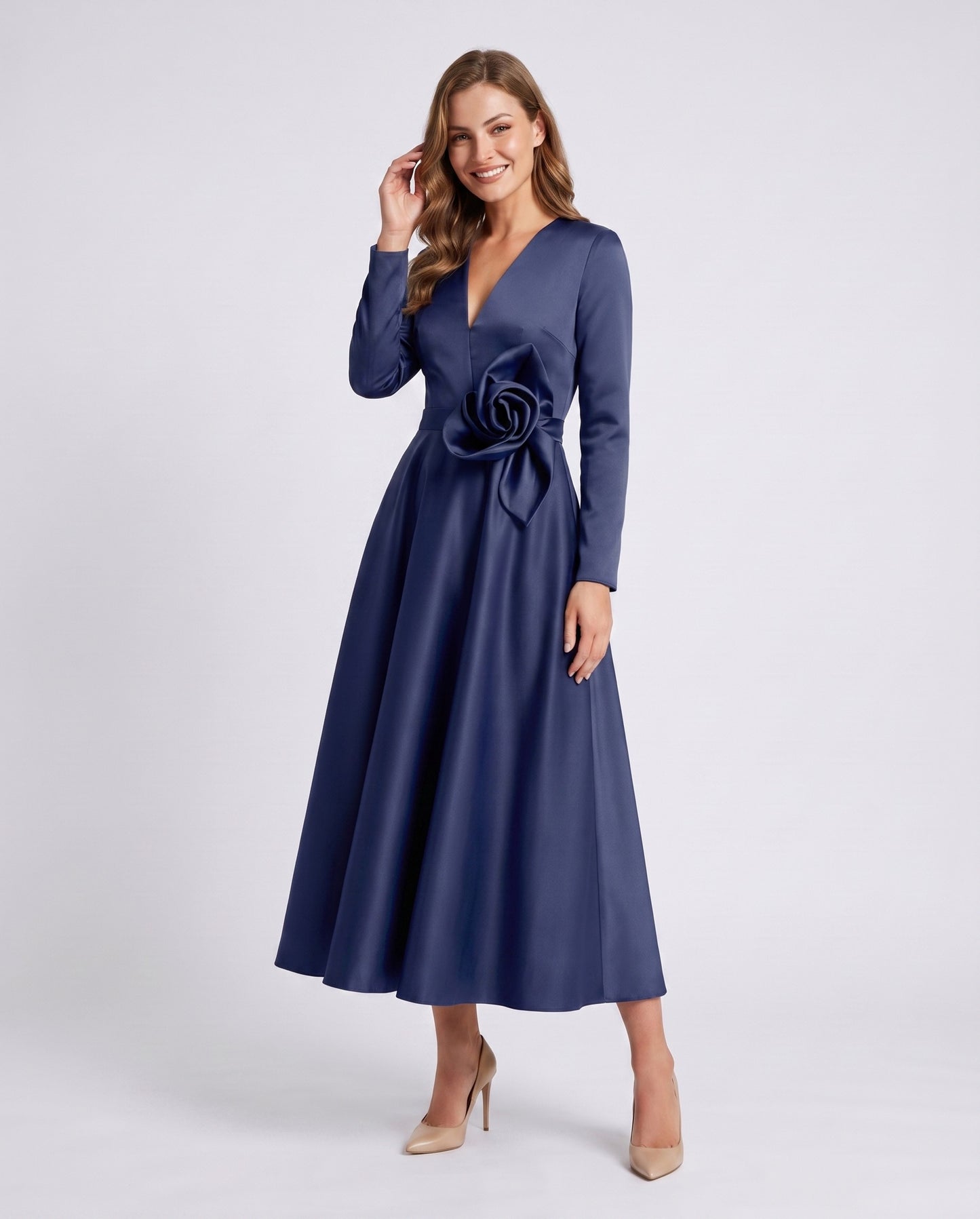 Satin Long Sleeve Midi Dress