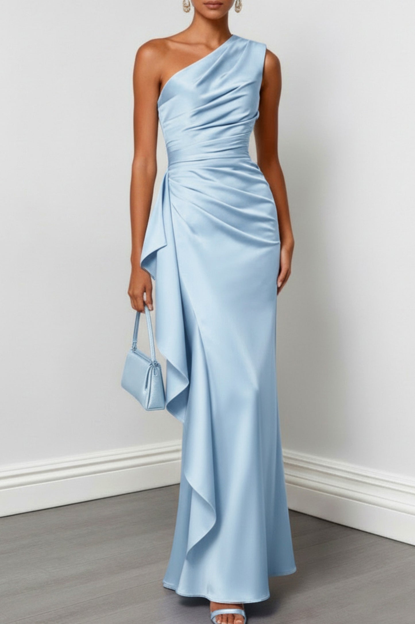 Satin One Shoulder Ruched Gown