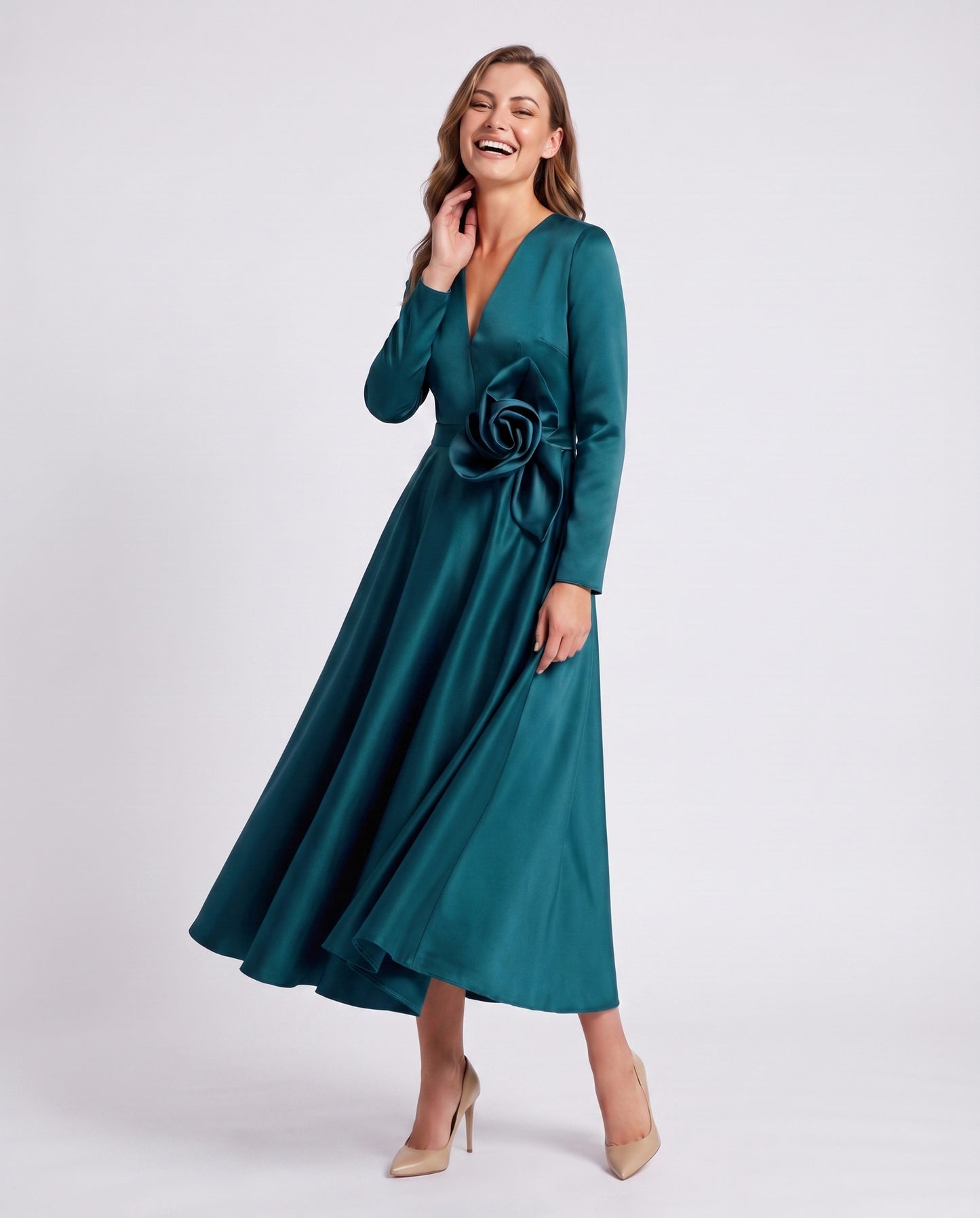 Satin Long Sleeve Midi Dress