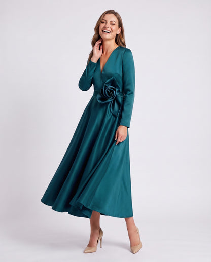 Satin Long Sleeve Midi Dress