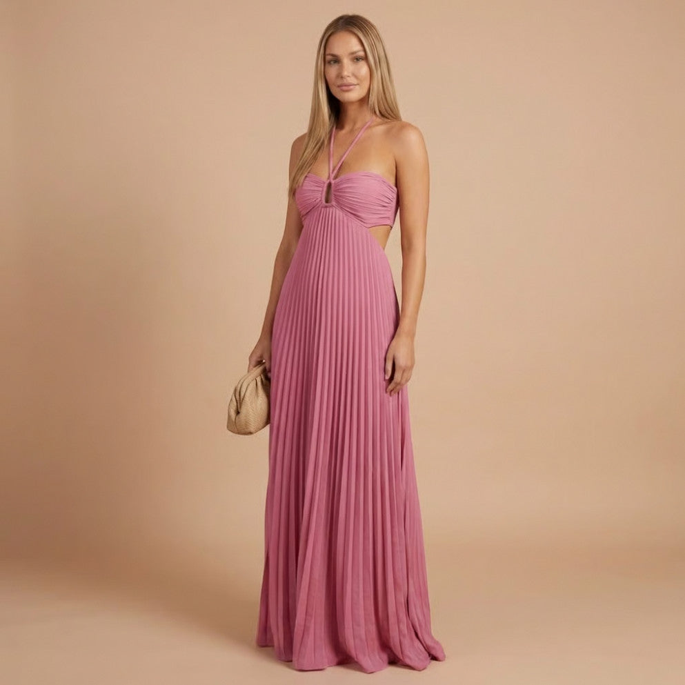 Pleated Halter Cutout Maxi Dress